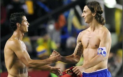 Cristiano Ronaldo and Zlatan Ibrahimovic shake hands after an international match between Portugal and Sweden.